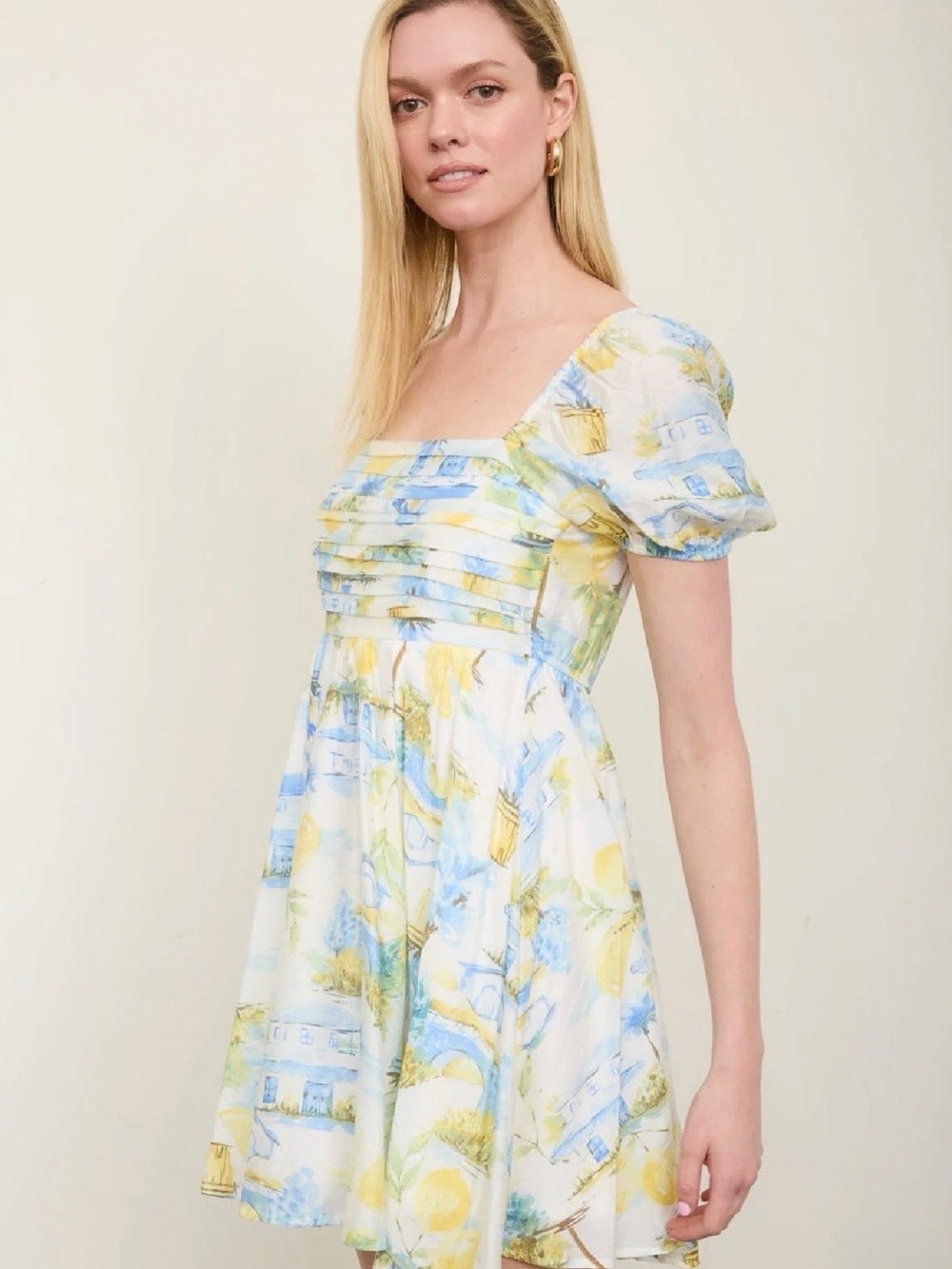 CR2916A Lemon Print Pleated Short Puff Sleeve Mini Dress - Picture 2 of 8